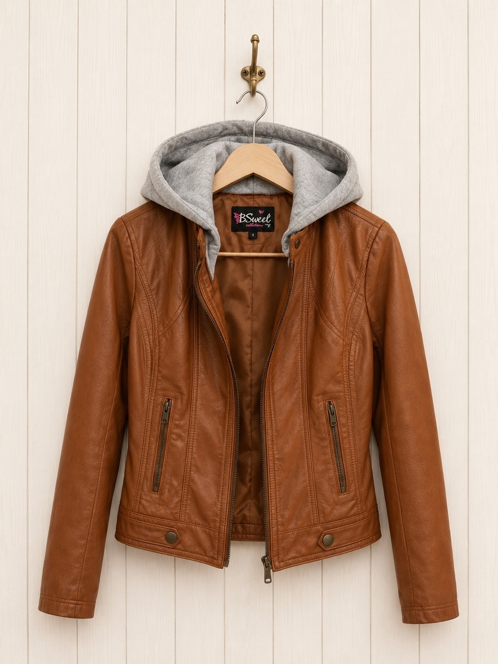 Women's Brown Faux Leather Jacket with Removable Gray Hood